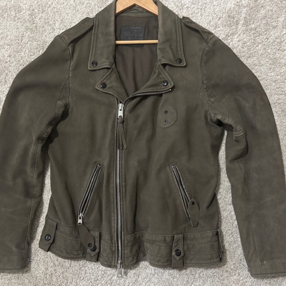 AllSaints: Olive Suede Biker Jacket